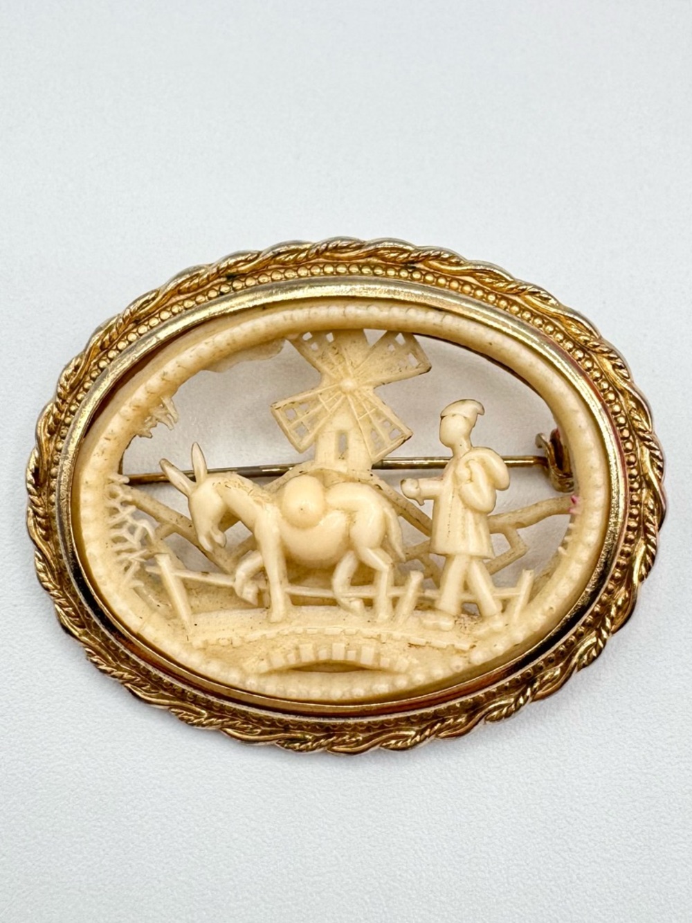 Vintage Pegasus Coro Celluloid Framed Brooch Farmer Windmill Donkey Signed Coro